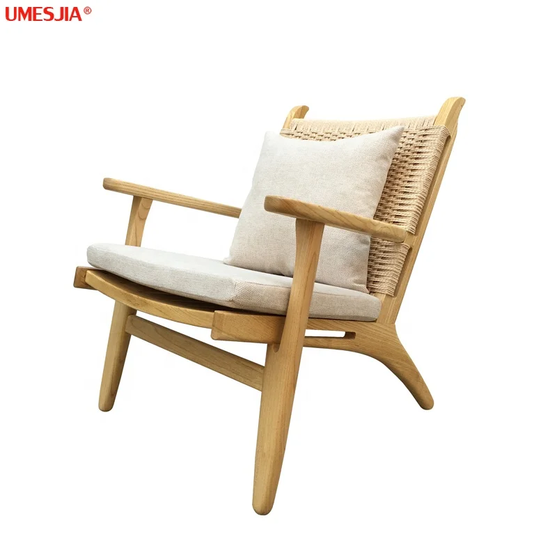 Modern Living Room Furniture Ash Solid wood nature rattan Woven paper rope armchair chaise Lounge Chair With cushion