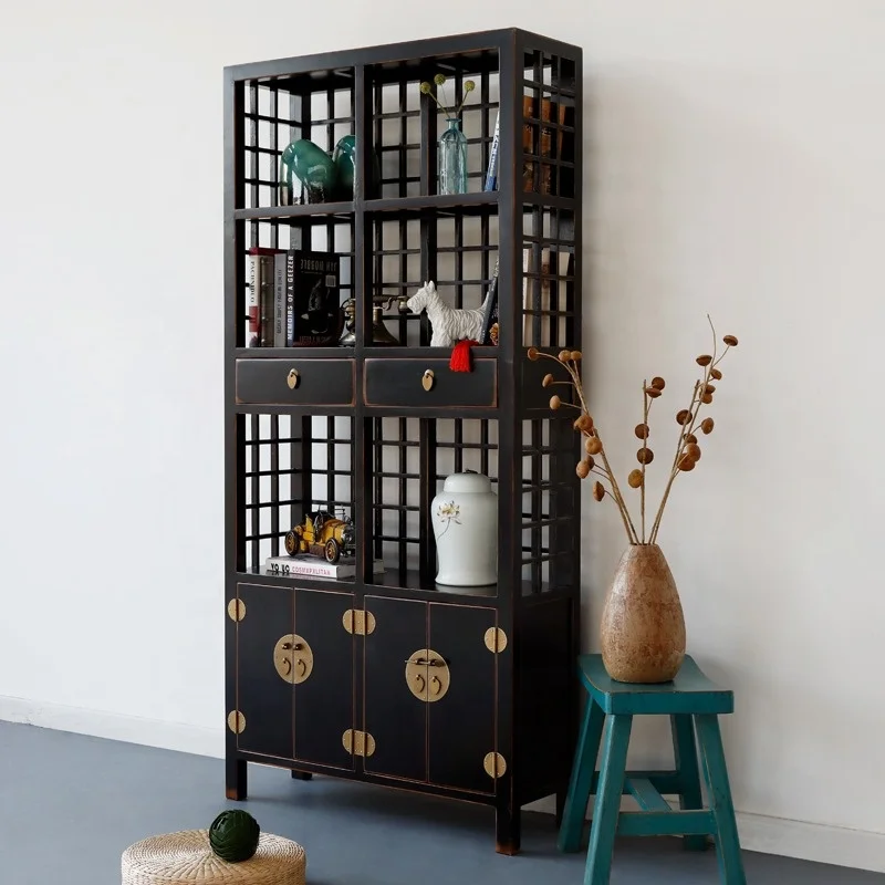 Chinese traditional classical bookshelf in distressed finish customized color wooden furniture bookshelf factory