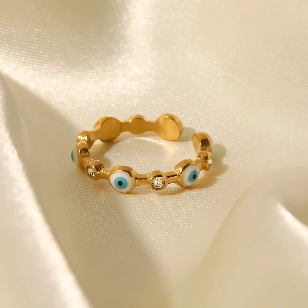 New Fashion fine jewelry 18k gold plated non tarnish evil eye ring stainless steel ring open adjustable finger ring
