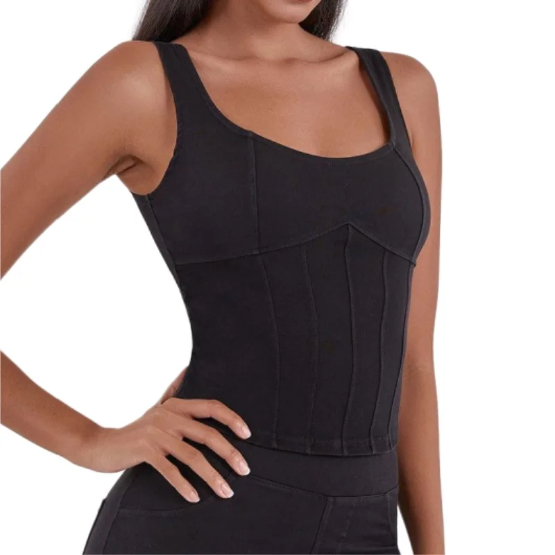 Aoyema Fashion Sexy Solid color Sleeveless U-shaped High Elastic denim Tank irregular suspender  Slim Sexy Yoga Tops Vest