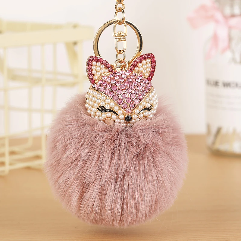 
New Rhinestone Faux Rabbit Fur Ball Pompom Fox Head Diamond Car Key Chain For Women Bag Car Key Ring Holder 1073A 