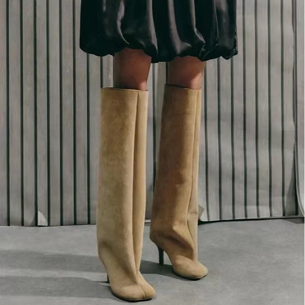 Solid Color Autumn and Winter New Boots Fashionable Versatile High-heeled Knee High Western Cowboy