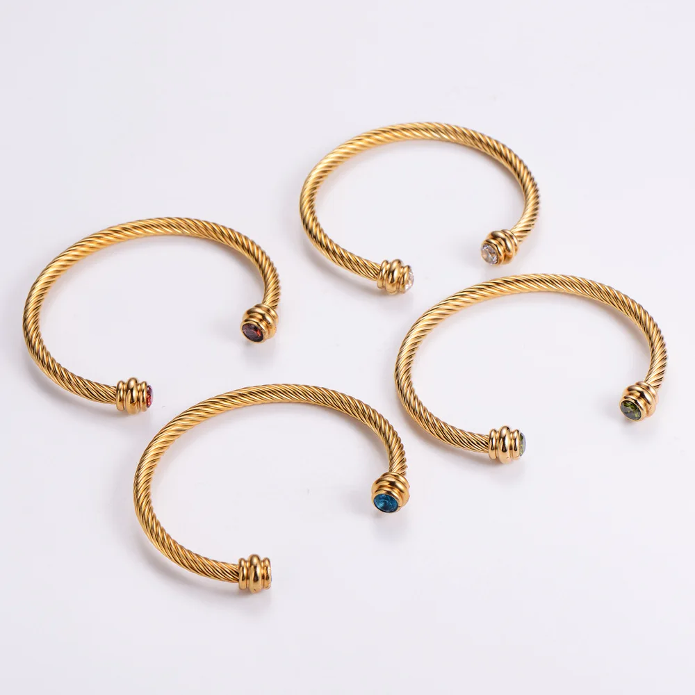 stainless steel gold plated zircon genuine gemstones twisted cable wire open cuff bangle bracelet