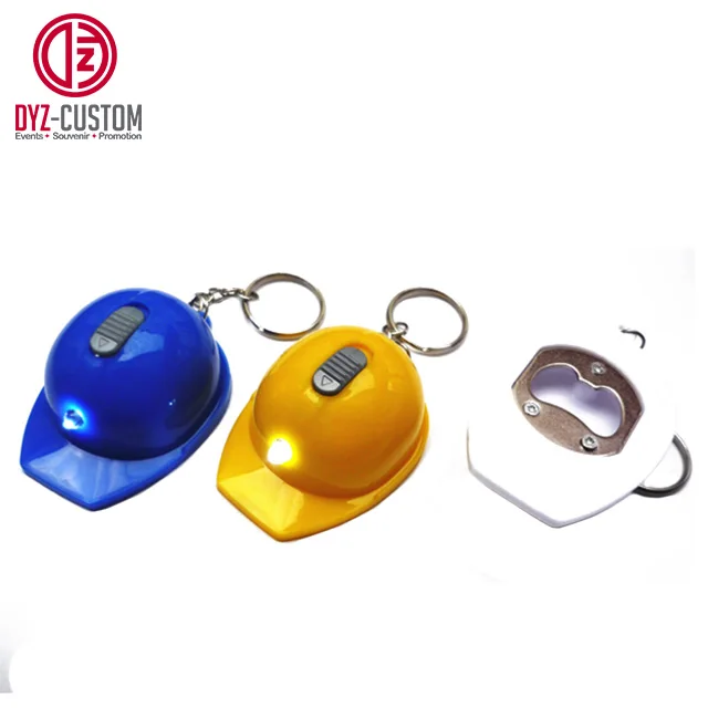 Hard Hat Shaped LED Keychain Bottle Opener Safety Helmet Keyring Made of Plastic with Silk Screen Printing