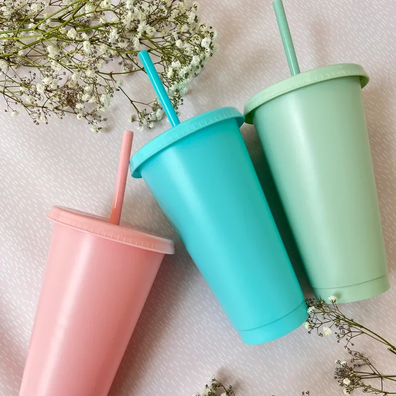 Plastic Cold Cup with Straw and Lid Pastel Colours Cup Inspired Iced Coffee 24oz  Cup Size Large