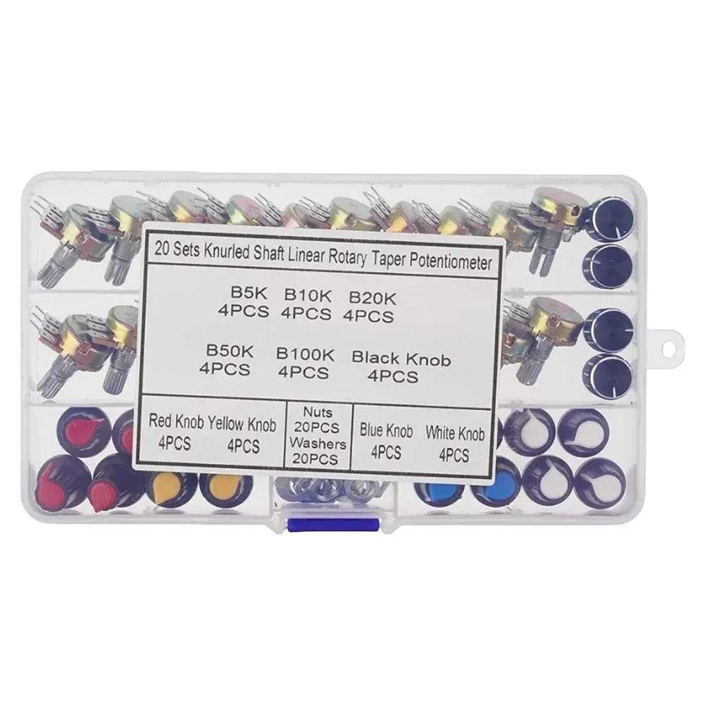 20sets /Box WH148 15MM Single Potentiometer Kit B5K/10K/20K/50K/100K With Knobs Set Shaft Nuts