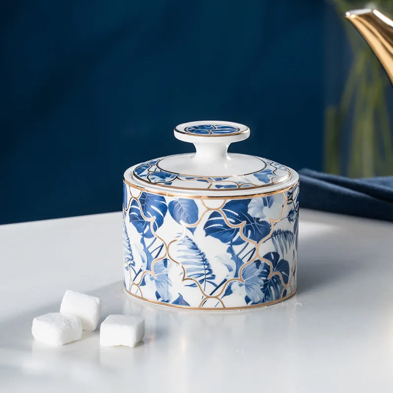 
European Royal Porcelain Tea And Coffee Set Luxury Blue Banana Leaf Design Bone China Tea Cup Set 