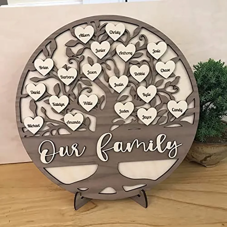 Handmade Wooden Decoration Family Tree Personalized Family Name Sign with Names on Heart Shape