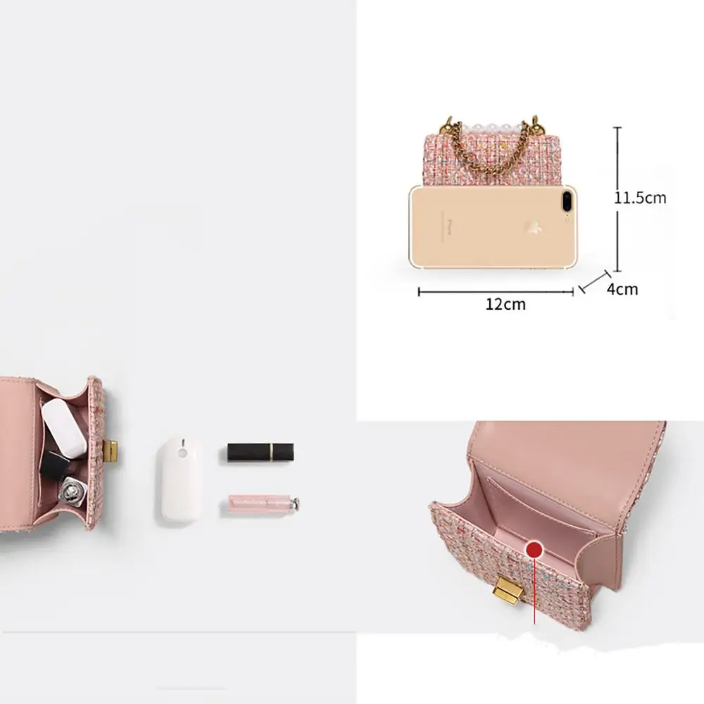 Wholesale Custom High Quality Fabric Mini Phone Bag Handmade Small Leather Metal Hardware Handbag PU Lady Purse Party Pearl
