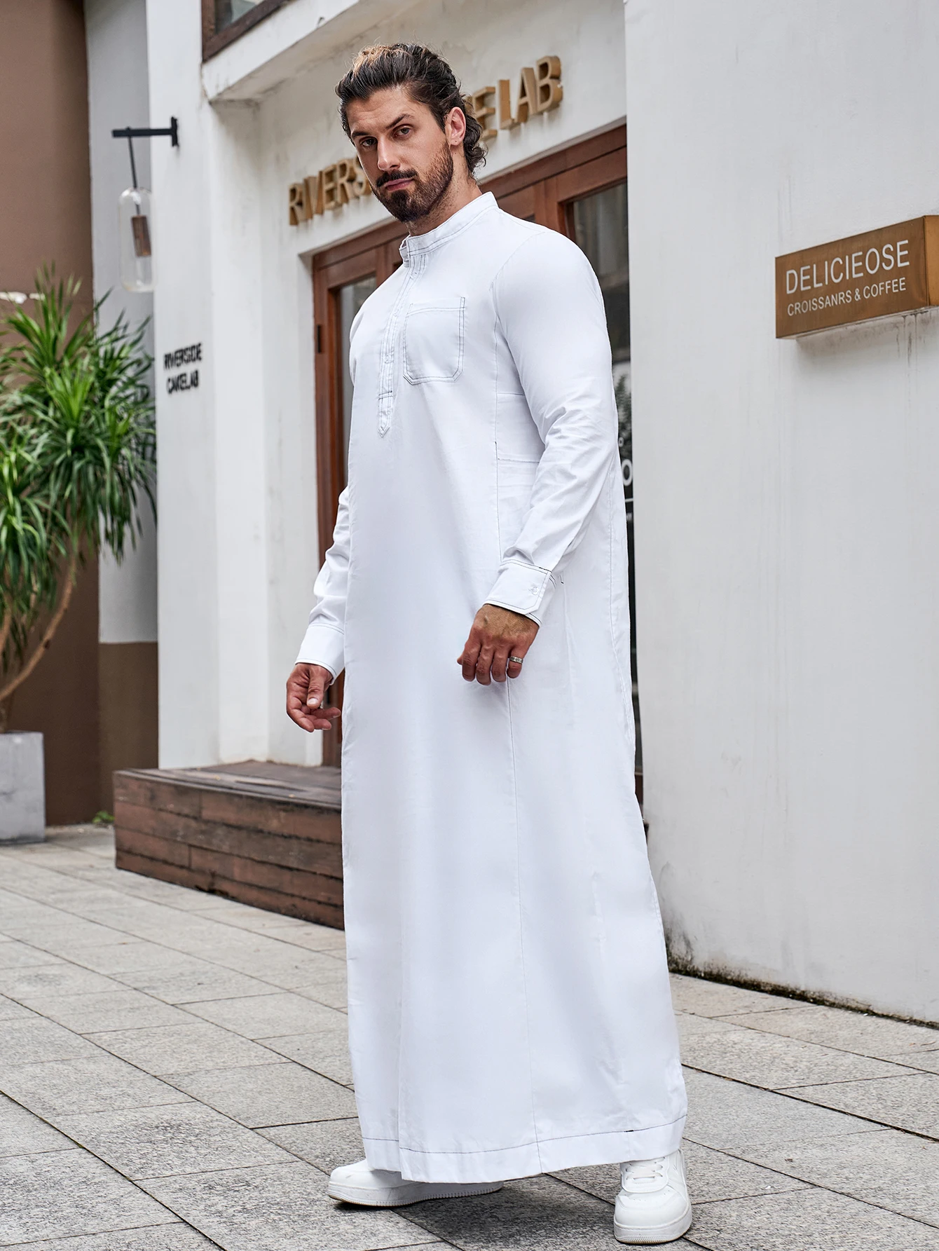 Ramadan Muslim Middle East Arab Dubai Malaysian men color contrast pocket stand collar shirt robe