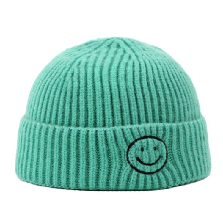 
Custom Fashion Korean Man Woman Beanie Hat Letters Embroidery Smiley Face Pattern Woollen Knit Skullcap Watermelon Hat 