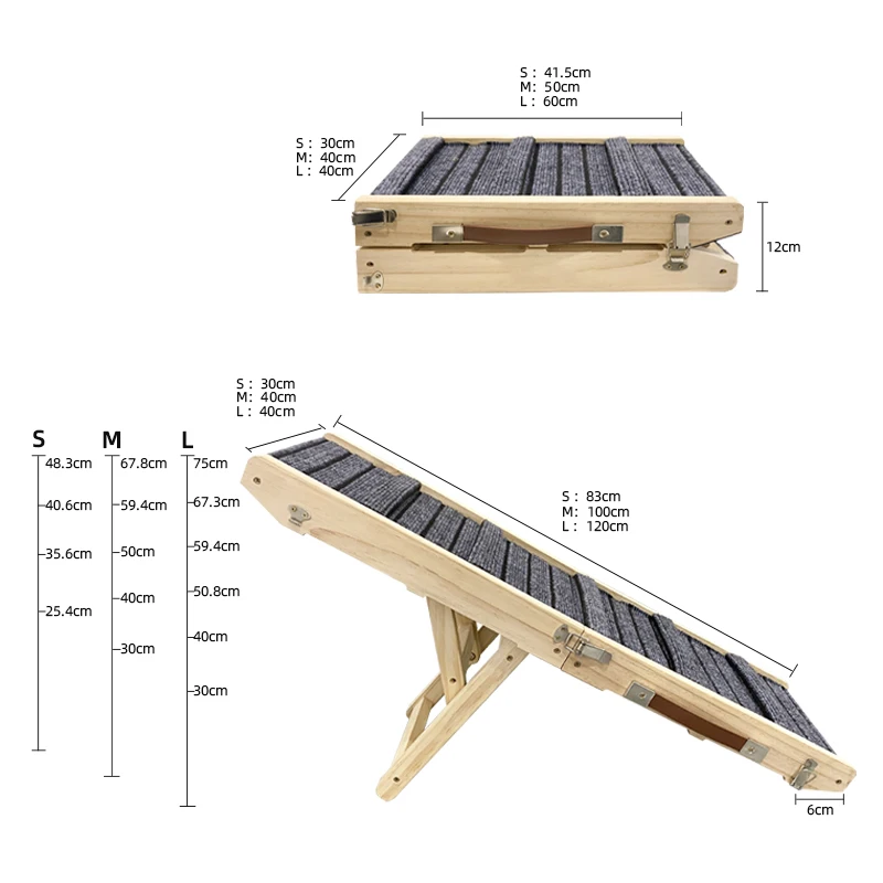 Adjustable Non-Slip Wooden Folding Pet Ramp for Small Medium Dogs for Beds and Couches Cat Trees