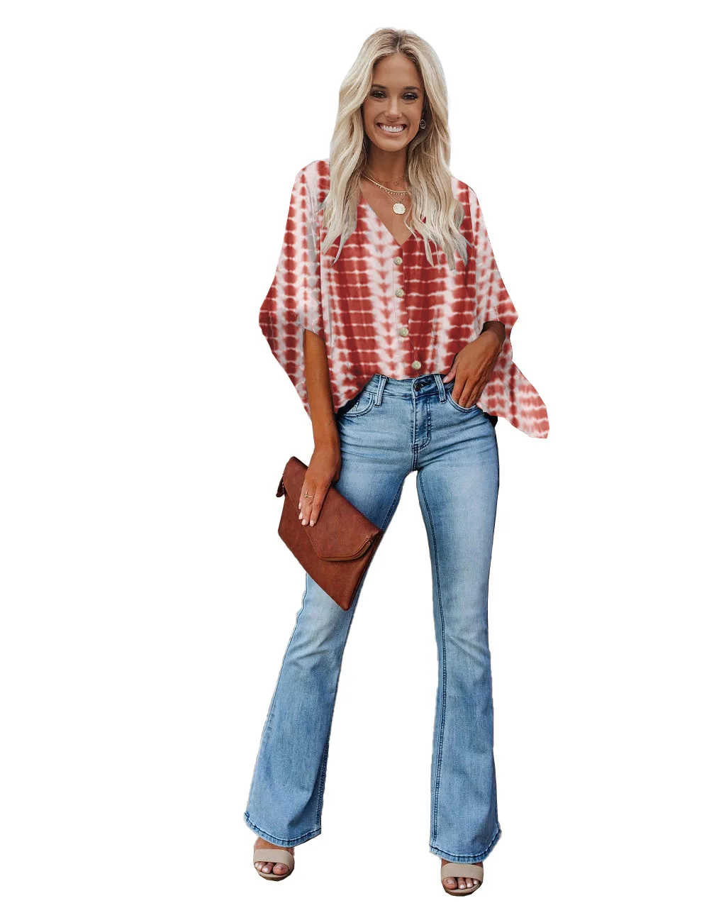 2021 Summer Printed Chiffon Blouse Women V neck Tops Viscose Fibre T-shirt Batwing Sleeve Shirts For Women Blouses Lady