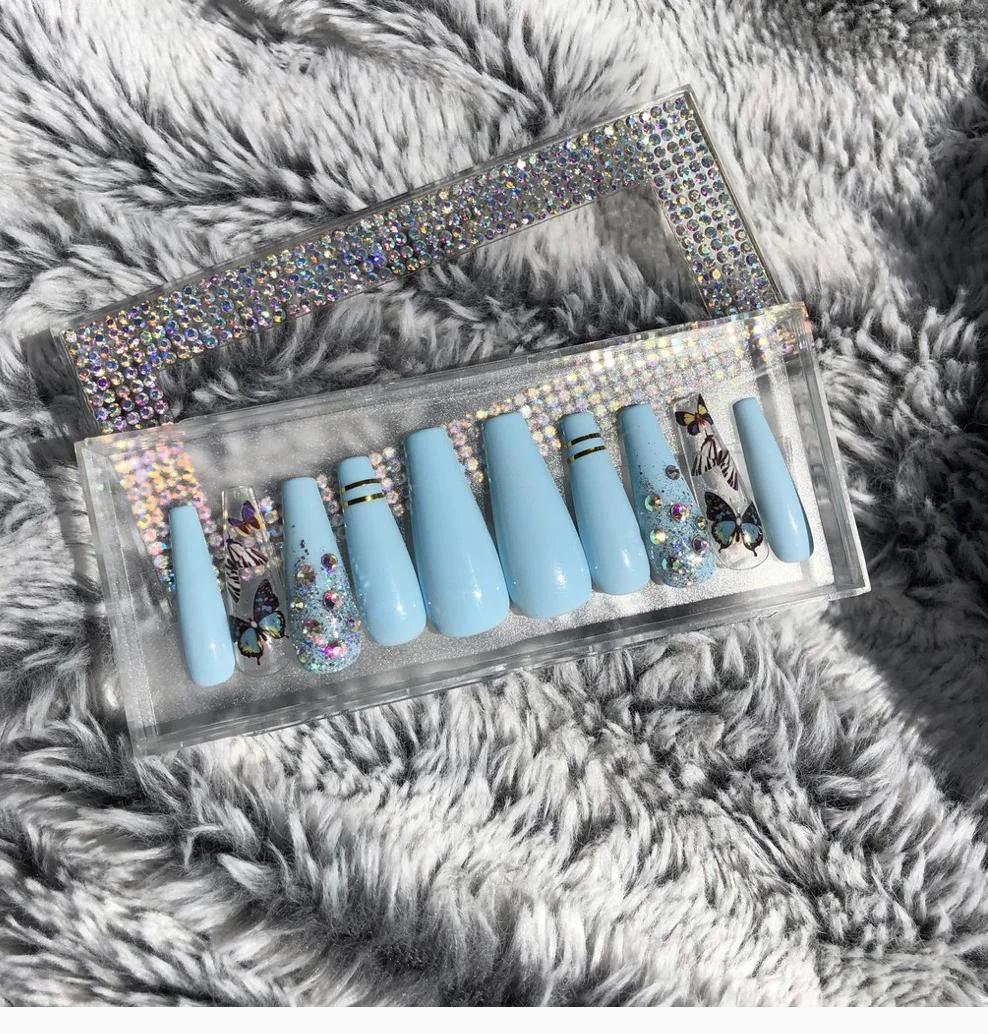 
Europe American Blue Butterfly Curved Coffin Nail Tip Private Label Press On Nails 