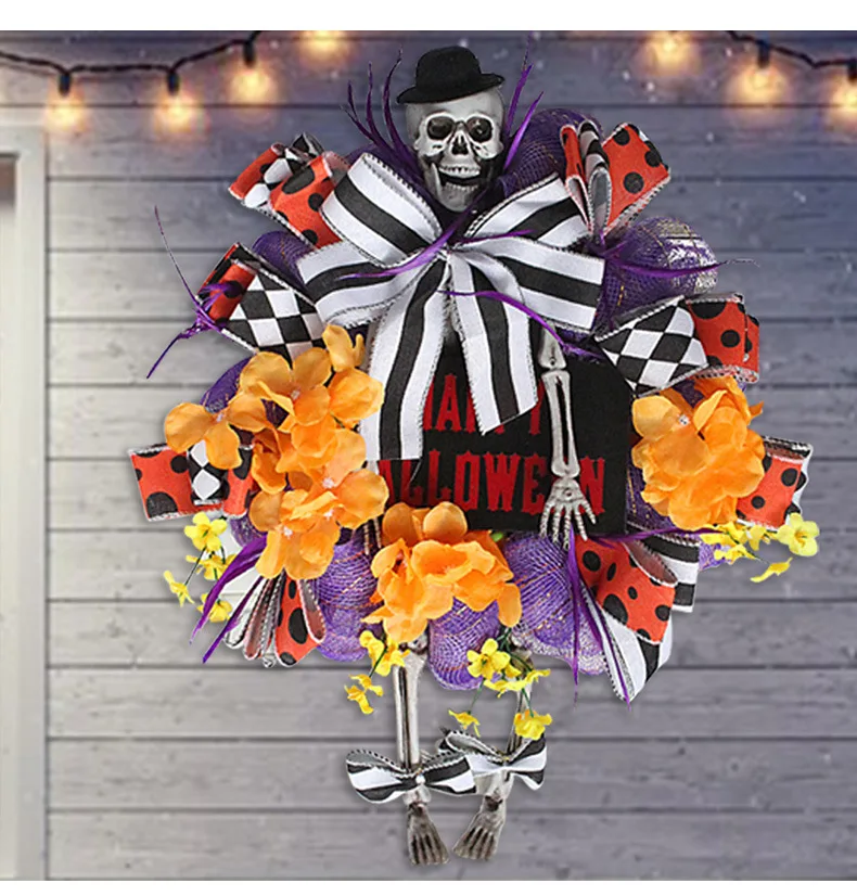 Halloween Skull Wreath With Bow Decoration Front Door Decor Window Door Hanging Skull Garland Horror Atmosphere Layout Prop