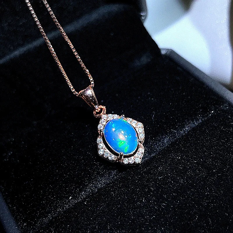 2CT Natural Opal Necklace Unique Halo Vintage Pendants S925 Sterling Silver 6*8mm Oval Cut Opalus Jewelry Wholesale