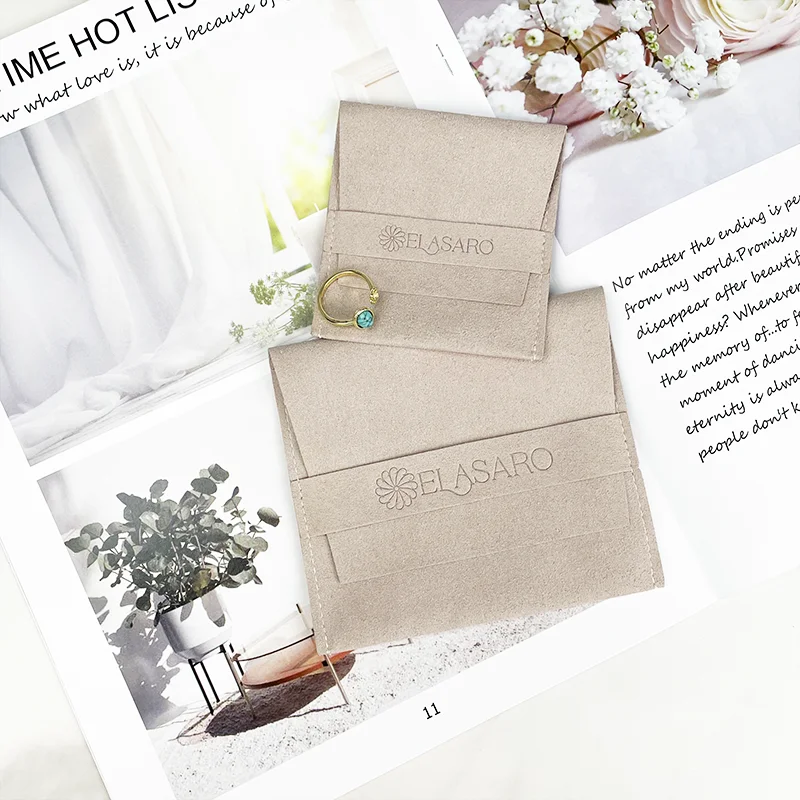 Custom Low MOQ Luxury Fold Small Suede Velvet Gift Envelop Pouch with Leather Drawstring Fashion Jewelry Bag