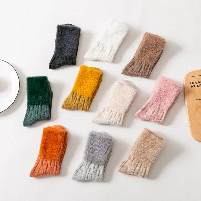 Autumn Winter Mink Cotton Plain Color Winter Fuzzy Warm Tube Women Sweet Socks