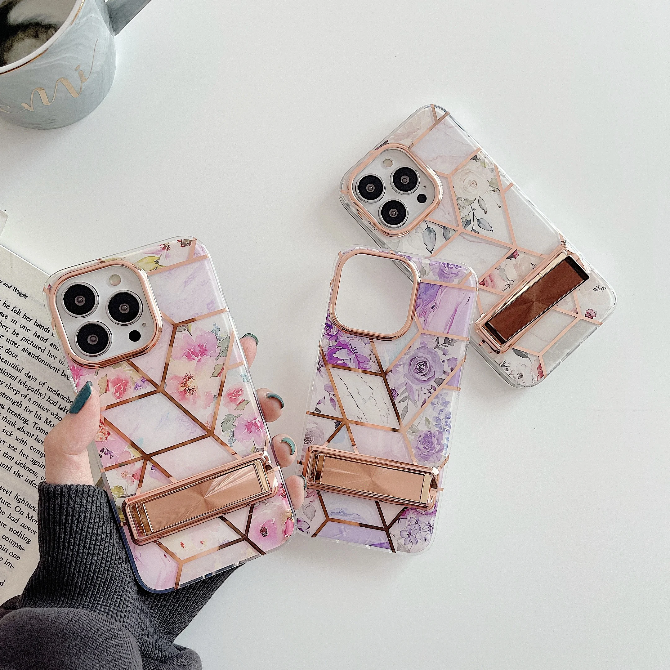 FashionWomen Phone Case IMD Printed Mobile  Cover for iPhone 13 Marble Electroplated Phone Accessories with standing function
