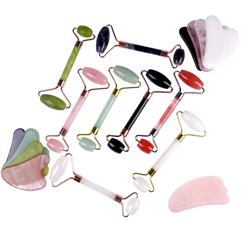 Rose Quartz Jade Roller Gua Sha Set Amethyst Green Pink White Jade Heart Shaped Gua Sha Stone and Face Roller Crystal Guasha Kit