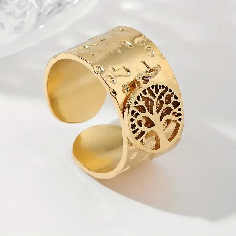 Custom 18K Gold Plated Life Tree Infinite Mobius Charm Finger Rings Stainless Steel Hammer Wide Open Ring Jewelry OEM/ODM