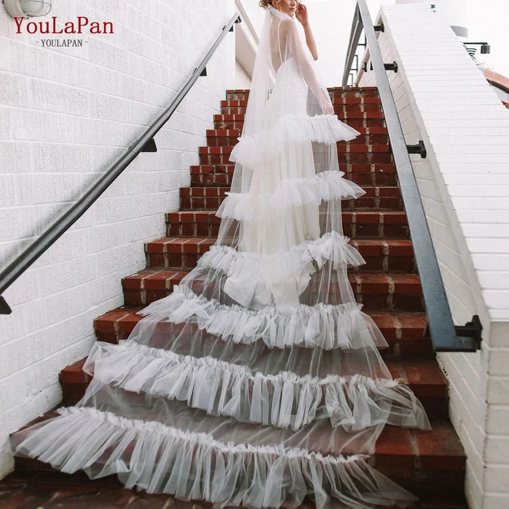 YouLaPan V117A-S High Quality American Yarn Bridal Veil Multilayer Ruffle 3M Long Cathedral Wedding Veil