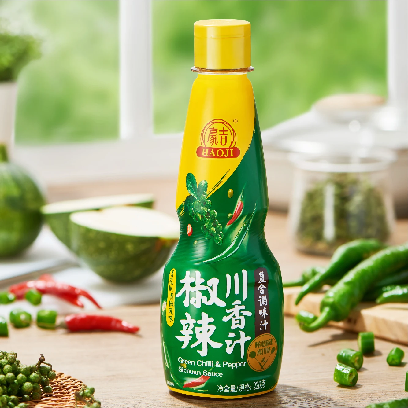 Haoji  manufacture hot selling good taste  220g&12 high quality Spicy Green Chilli & Pepper Sichuan Sauce