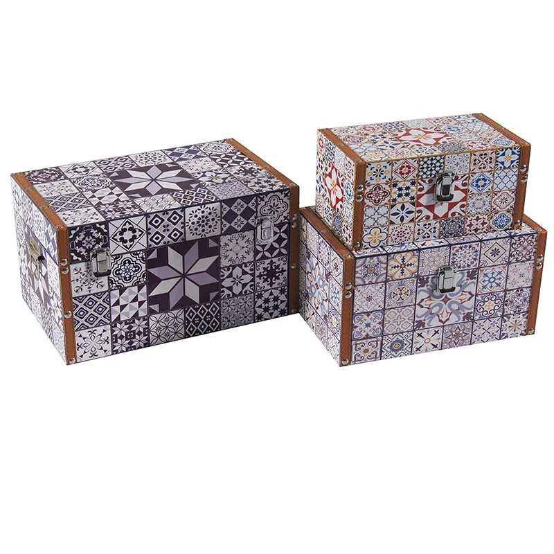 
Home Decor Ornament Blue and White Porcelain Design Rectangle Wooden Base PU Print Set of 3 Storage Trunk 