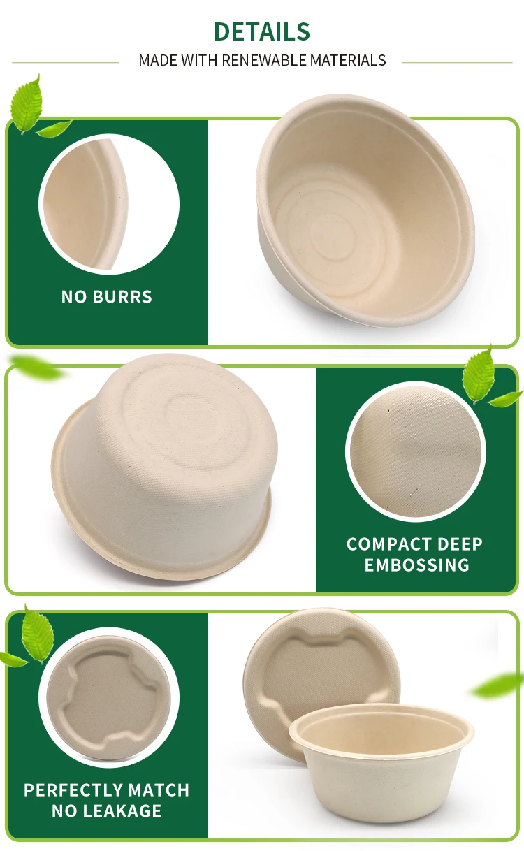 Trendy 500ml 100% Biodegradable & Compostable round sugarcane bagasse eco friendly disposable paper noodle soup bowls with lid