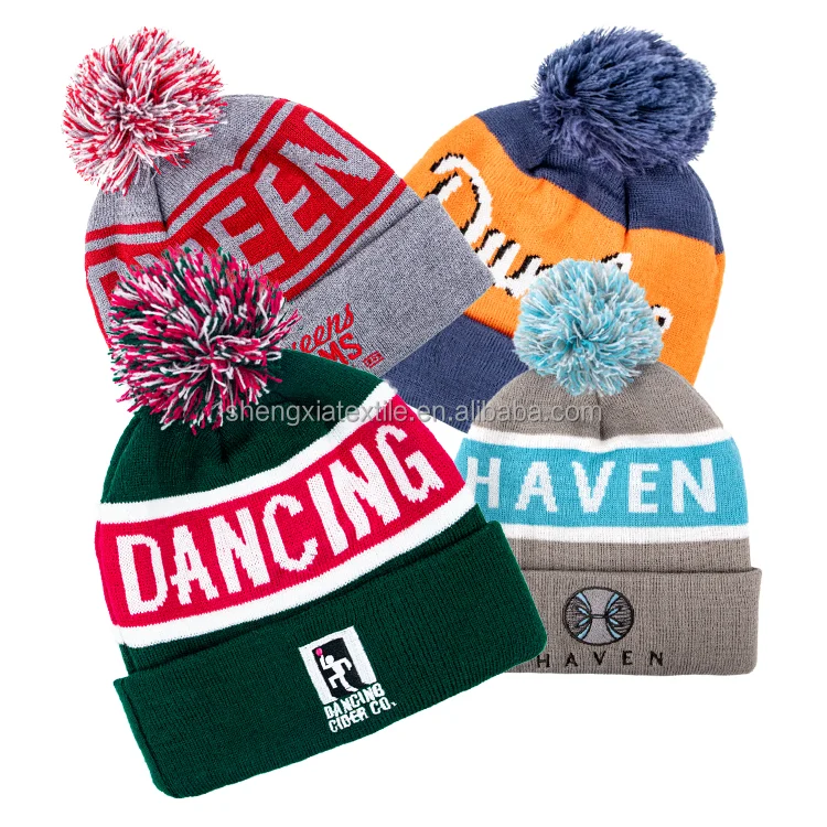 winter warm ski hat toque knit bobble hat acrylic jacquard custom pom pom beanie with embroidery logo