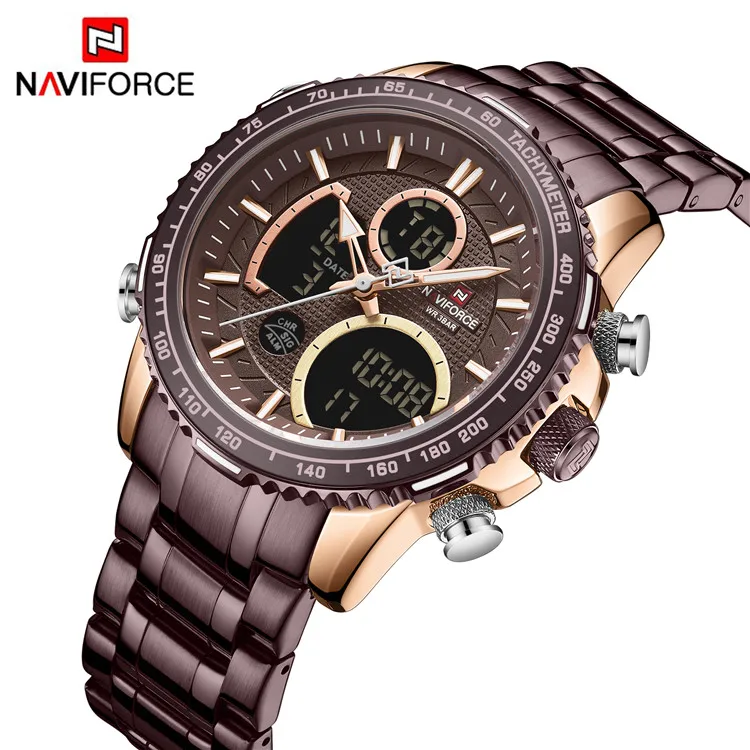NAVIFORCE 9182 Роскошные модные мужские часы ведущей марки кварцевые цифровые Военные Спортивные Серебристые наручные из нержавеющей
