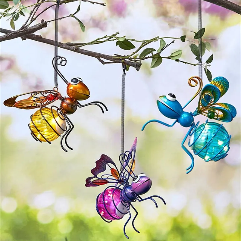 Hanging Flying Solar Bugs Outdoor Decor Hanging Wall Sculpture Garden Backyard Ladybug Patio Butterflies Hanging Tree Decoration