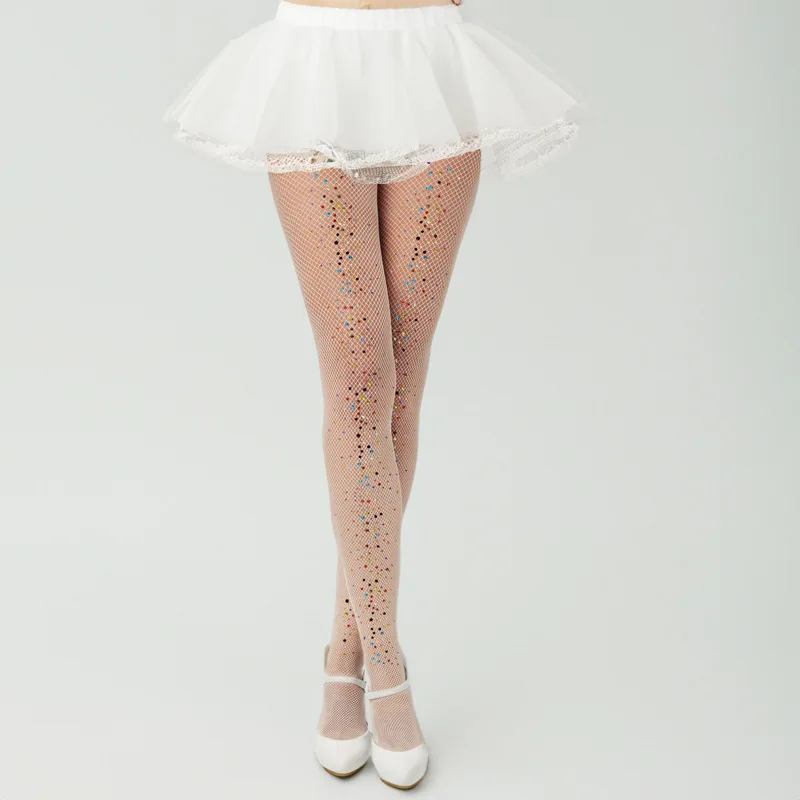 New Design Women Sparkly Rhinestone Fishnets leggings high stretch girl colorful diamond mesh pantyhose tights