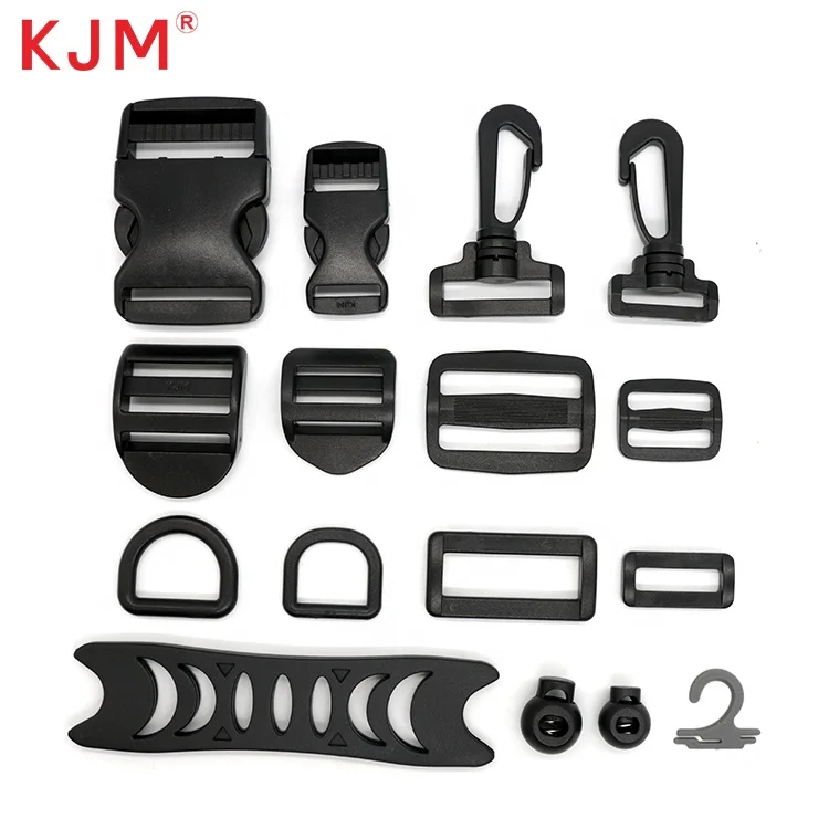 KJM Buckle Manufacturer Free Sample 1 Inch Black Pom Recycled Plastic Side Release Buckle Adjustable Tri-glide Slide and D Ring