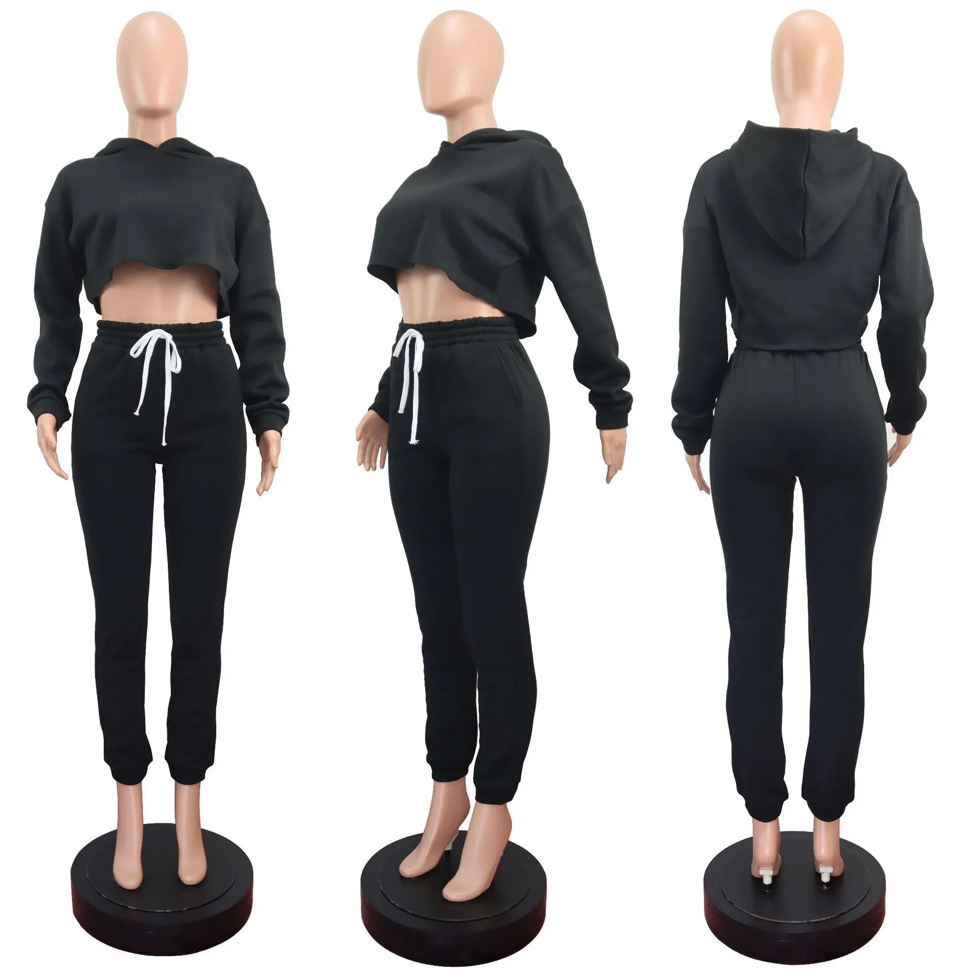  winter Fall Outfits For Women 2021 Long Sleeve High Neck Solid Color Hoodie Sweatshirt Tracksuit 2 Two Piece Pants Set