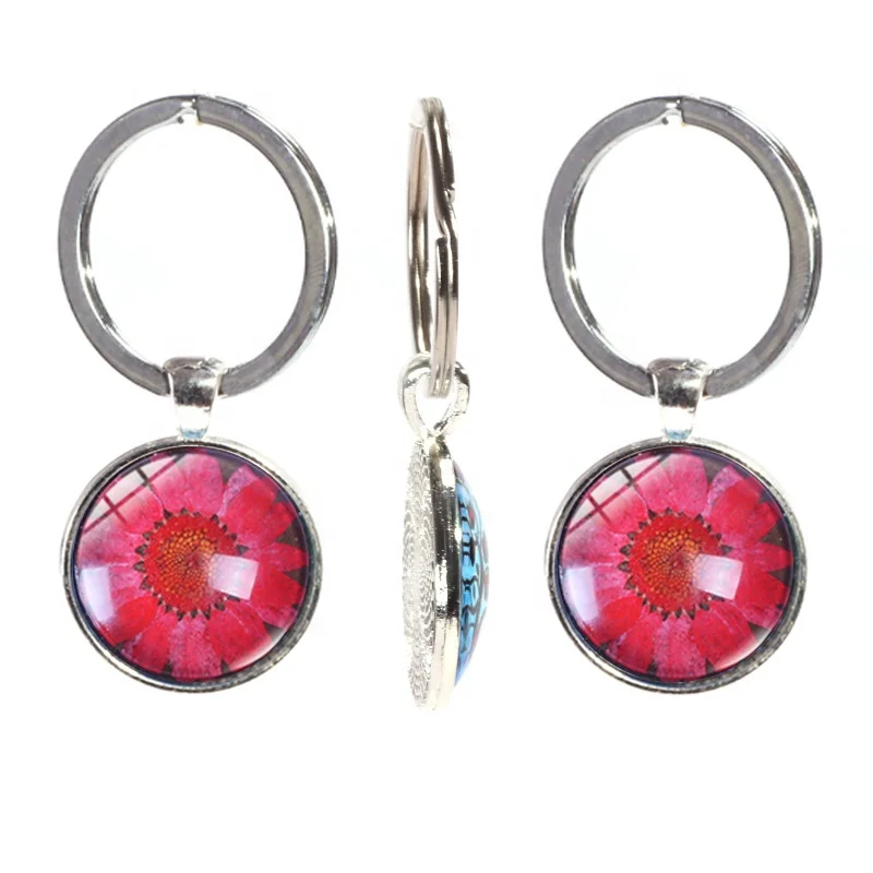 Colored Preserved Flower Metal Backing Single Side Crystal Glass Keychain