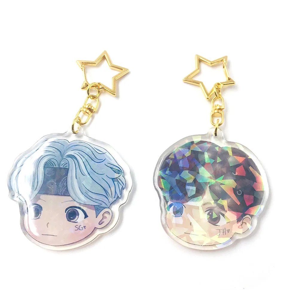 Key Chain Charms Holographic Acrylic Keychain Transparent Clear Two Side Anime Glitter Acrylic Zinc Alloy Digital Printing Kpop