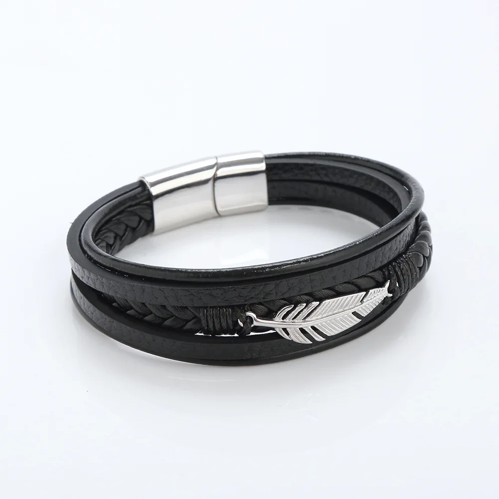 bracelet leather Stainless steel feather weaving leather wrap bracelet