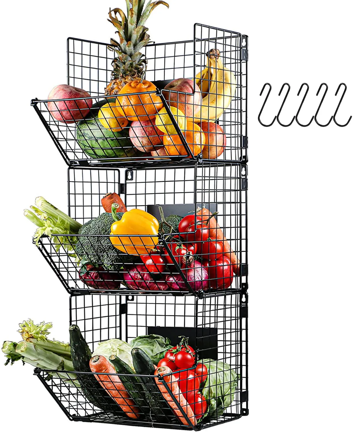 Fruit Vegetable Storage Basket, 3 Tier Stackable Metal Wire Storage Baskets, Hanging Fruit Basket Organizer Bins for Kitchen