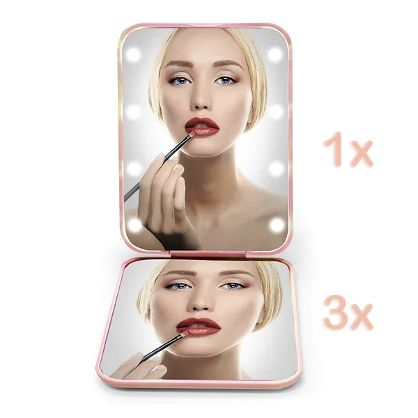pink color square compact LED light makeup mirror