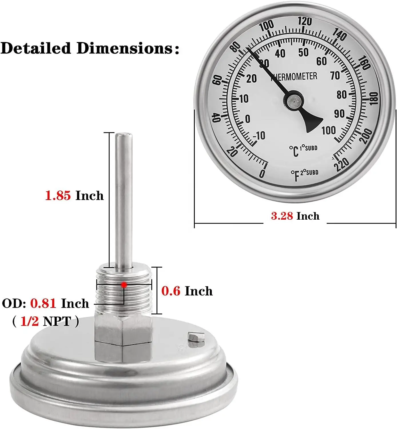 Homebrew Distilling Alcohol Distillation Brew Kettle Brewing Dia stainless steel  Thermometer with 1/2 Inch NPT port