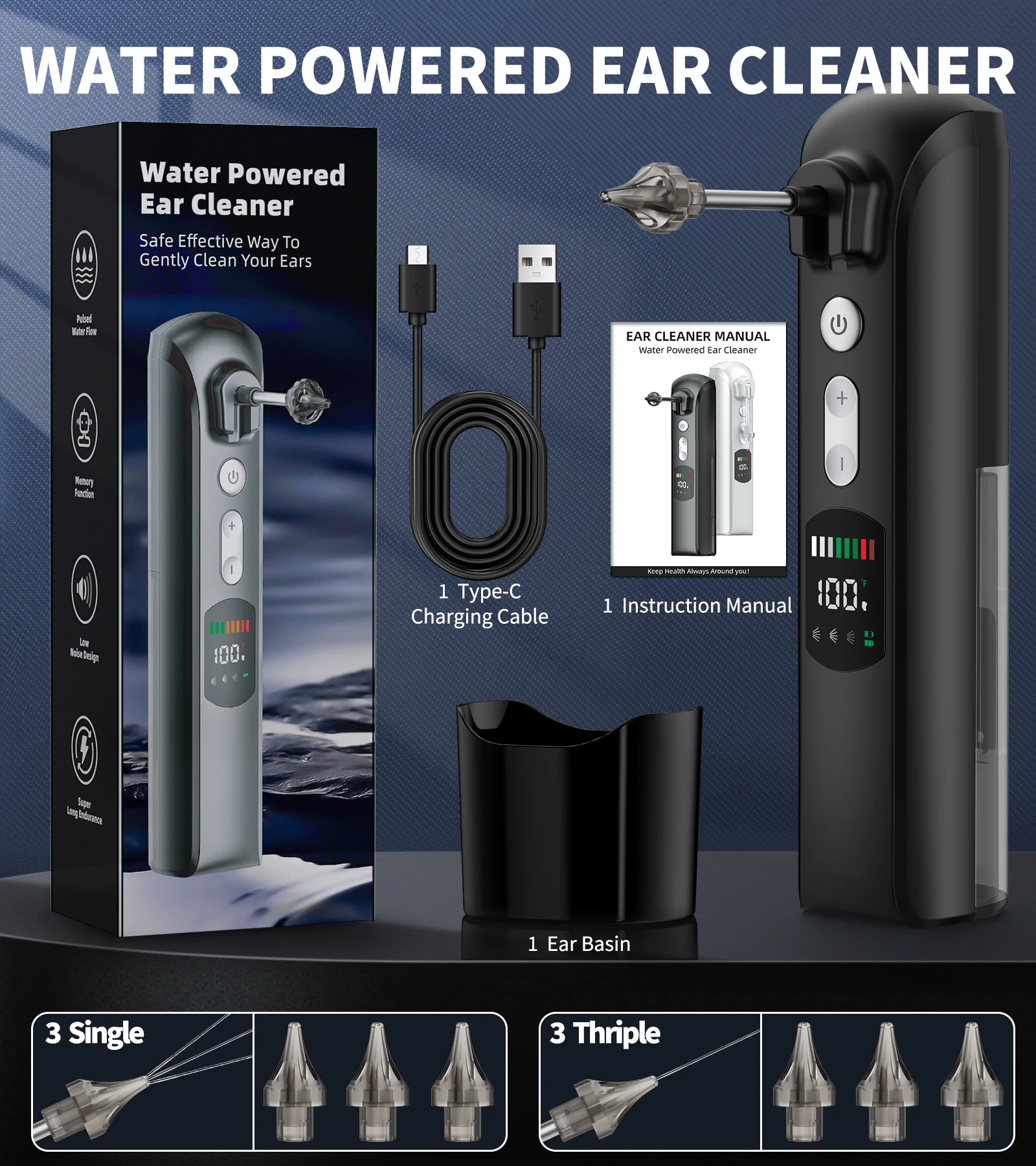 Ear Wax Removal Ear Cleaning Kit Safe Effective Electric Triple Jet Stream Wash Ear Cleaner USB Rechargeable