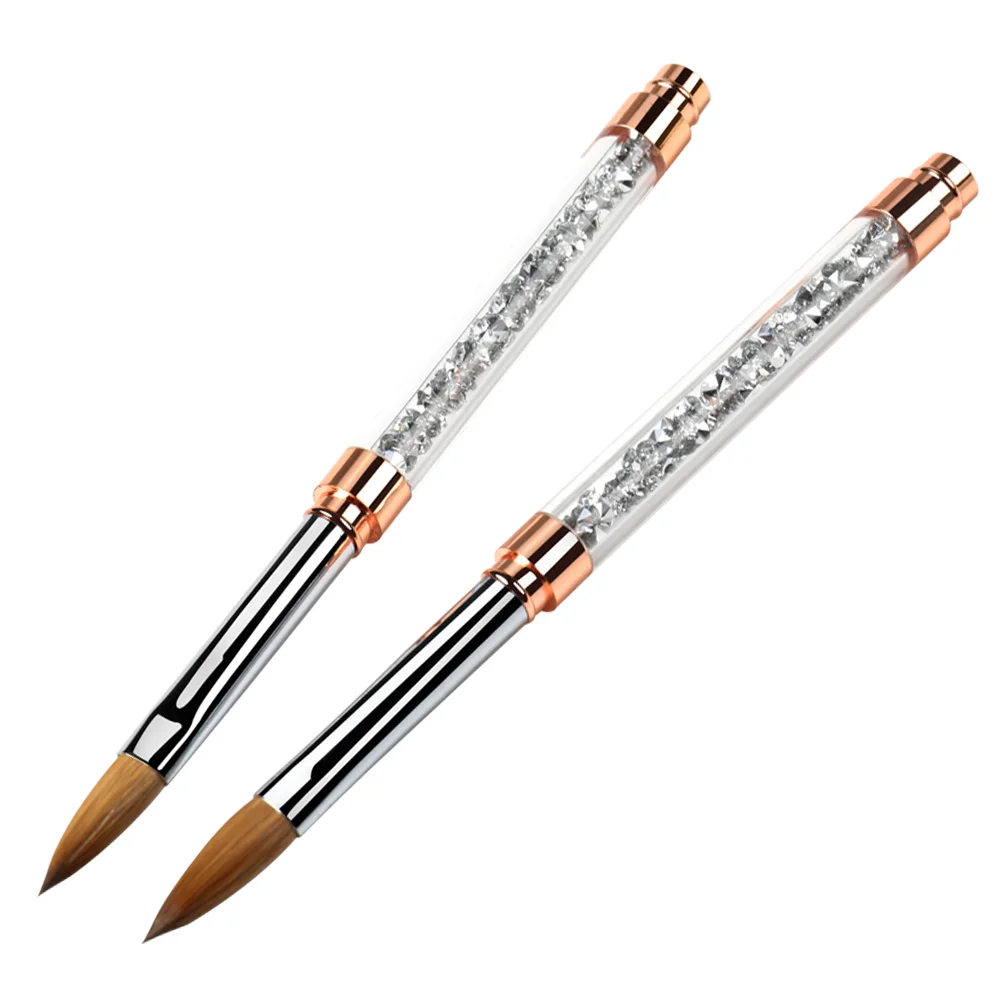 Wholesale #2-#14 Custom Logo Rose Gold Copper Parts Sliver Rhinestone handle 100% Pure Kolinsky Hair 3D Acrylic Nail Art Brush