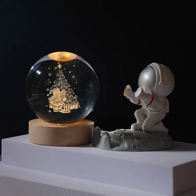 Crystal Glass Ball with Feng Shui Style Engraving Night Light Decorative Paperweight Figurine for Home Office for Gift