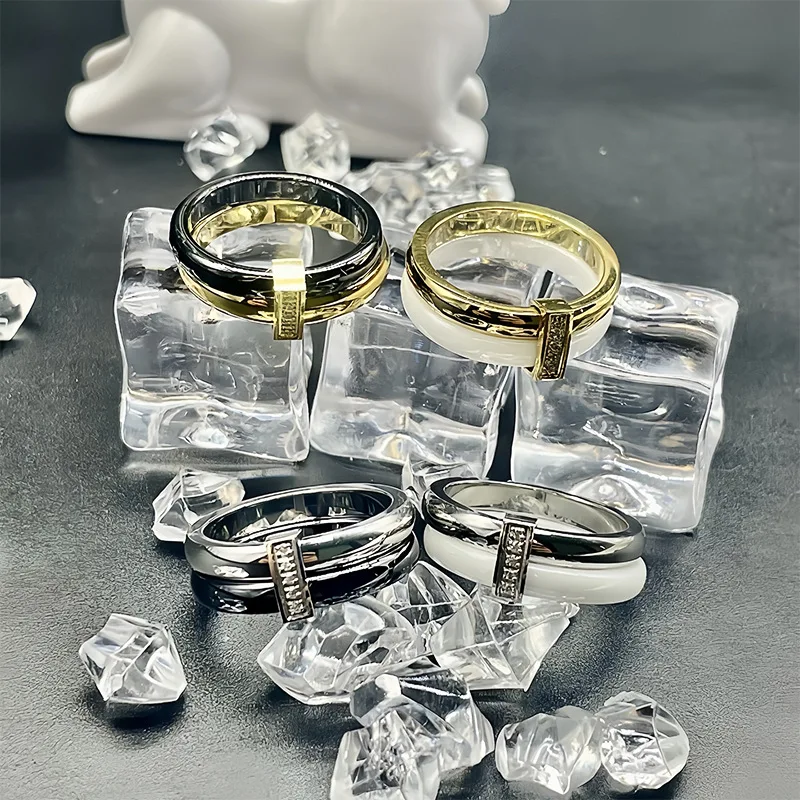 Wholesale Stainless Steel White Black Ceramic Diamond Ring Double Ring For Women or Men