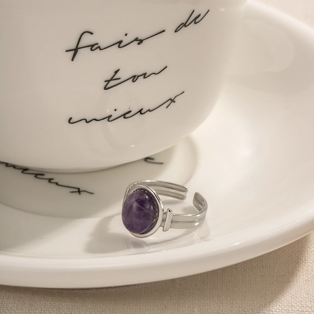 Vintage Silver Color Stainless Steel Ring Oval Tiger Eye Green Purple Semi-Precious Stone Open Rings for Women