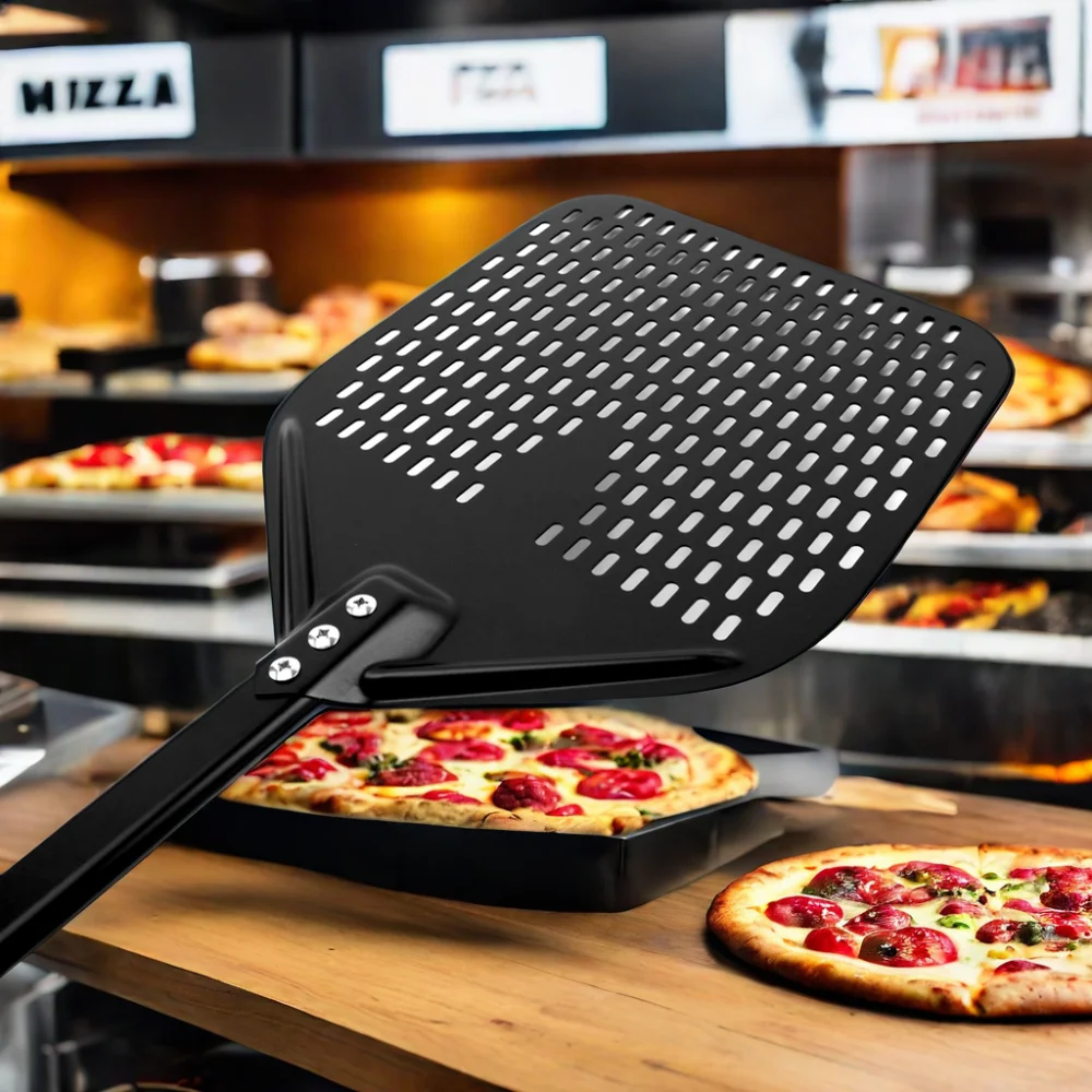 Unique Design Pizza Shovel Square Perforated non stick black Blade Detachable Handle Pizza Oven Peel for Baking