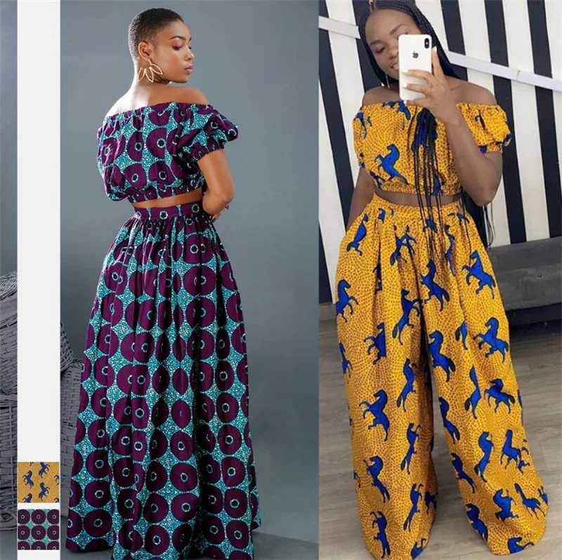 African Dashiki Womens 2 Piece Outfit Off Shoulder Crop Tops  Loose Wide Leg Pants Two Piece Set Women Clothing Sexy Summer