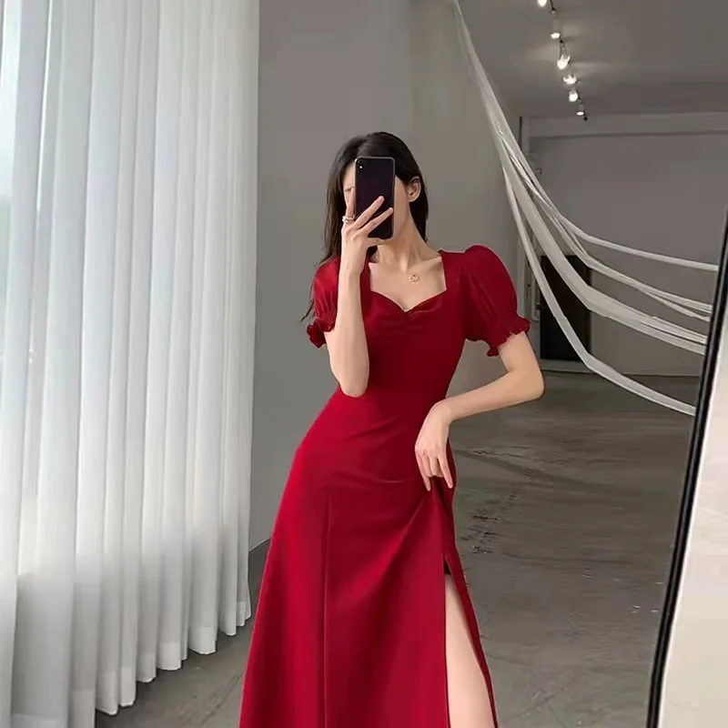 ladies Fashion Casual Summer Clothing Bridesmaid Party Wear Puff Sleeve Solid Color Chiffon Bodice Wrap Midi Sundress For Women