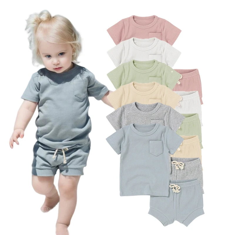 Летний комплект детской одежды из органического хлопка с ребристой отделкой летний короткий пижамный комплект